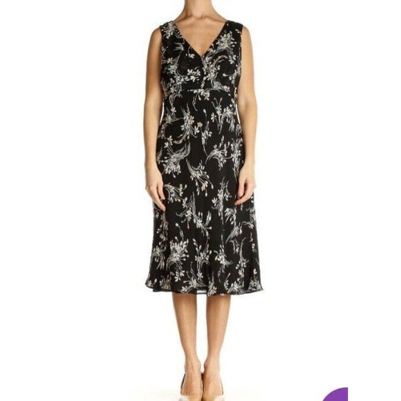 Ann Taylor Loft Dress  Black Floral Silk Midi Sleeveless Surplice NWT size 8 - Picture 1 of 12